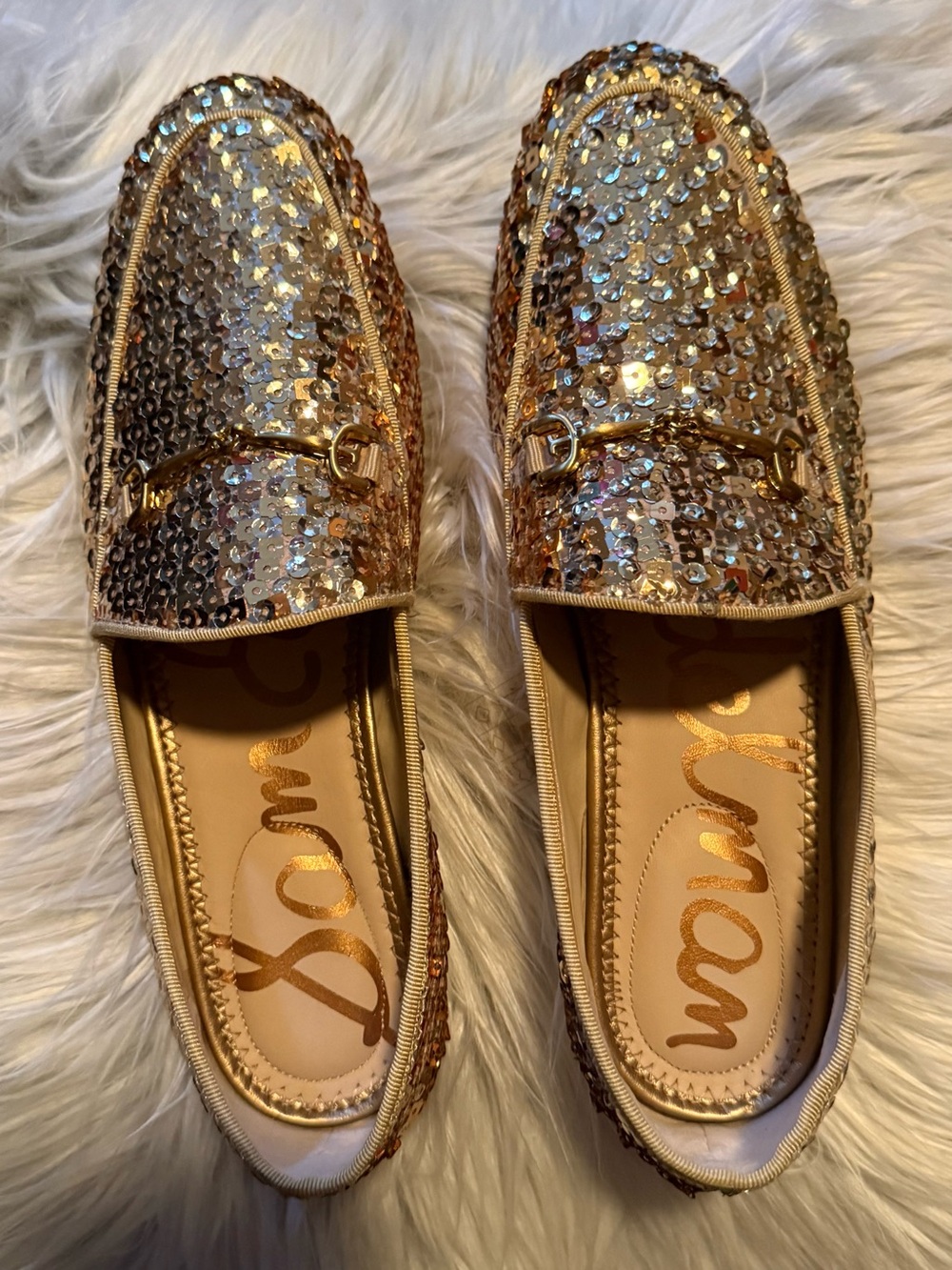 SAM EDELMAN Loraine Metallic Glitter Loafers in a Brown Overflow. Retails- $160